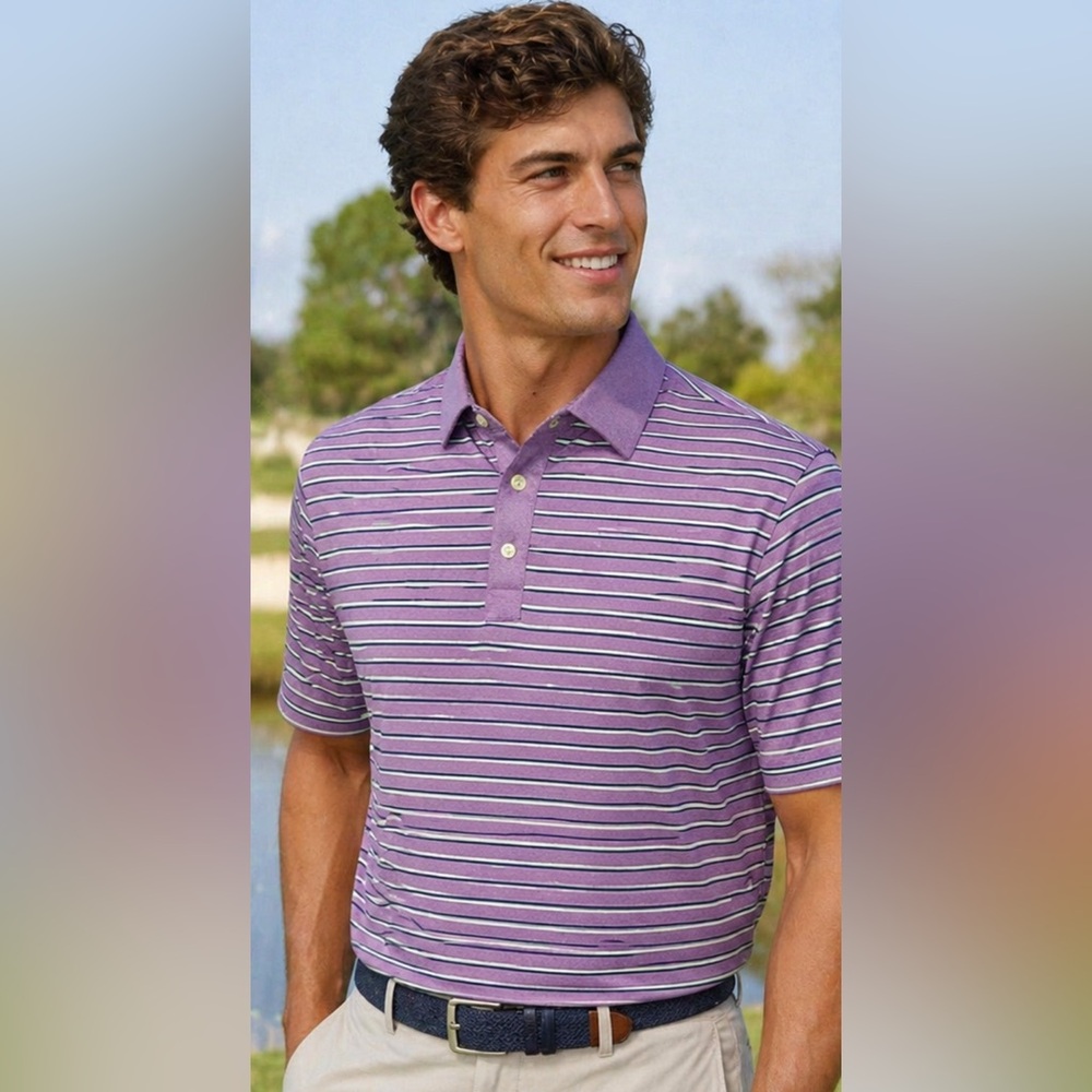 FootJoy FJ Striped Golf Polo Shirt Purple White Performance Size Large